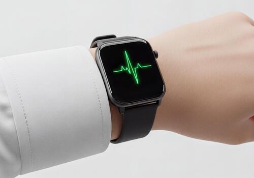 Smartwatch on wrist displaying green heart rate monitor for health tracking photo
