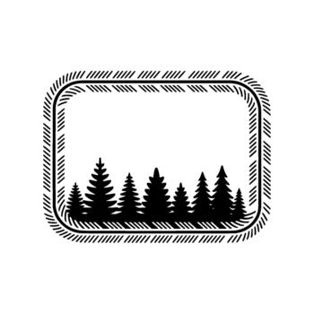 un minimalista presentando un silueta de diverso hojas perennes conífero arboles dentro un redondeado rectangular marco vector