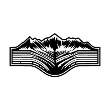A striking modern depicting jagged mountain peaks with sharp angular lines layered over a stylized landscape of horizontal grey lines and miniature evergreen trees contained with vector