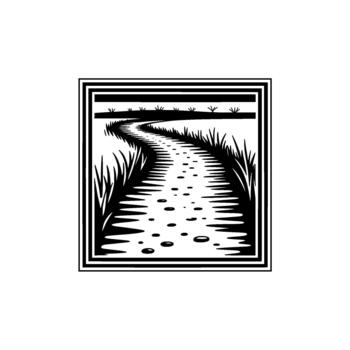 Stylized illustration of a winding gravel path lined with tall grass leading towards a horizon with abstract sparse vegetation within a decorative border vector