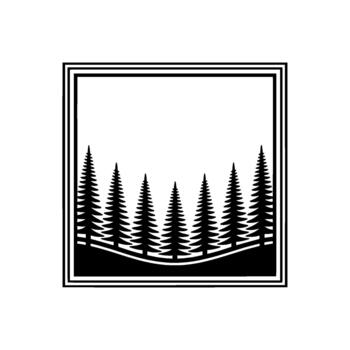 Clean and simple silhouette of a stylized coniferous forest with layered fir trees creating a gentle hill effect framed within a double lined square border isolated vector