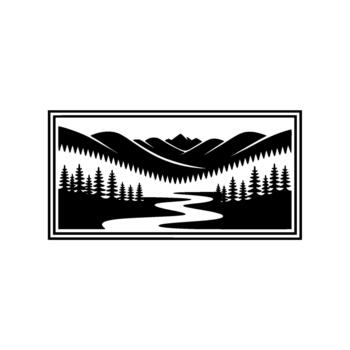 A bold illustration depicting a stylized mountain range with pine trees and a winding river within a doublebordered rectangular frame symbolizing wilderness exploration and natural landscapes vector