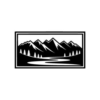 un rígido estilizado ilustración de dentado montaña picos con nieve tapas y un devanado río fluido mediante un bosque de pino arboles dentro un rectangular frontera vector