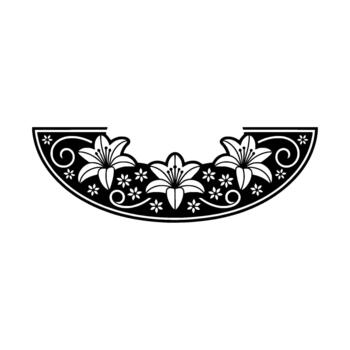 A decorative symmetrical featuring three large stylized lily flowers and numerous small flowers within a curved border with swirling vine elements vector