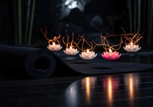 Yoga Mat and Lit Lotus Candles Creating a Serene Atmosphere for Meditation and Relaxation photo
