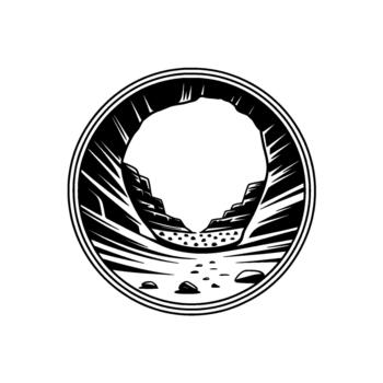 Stylized circular emblem depicting a winding canyon path with sparse desert vegetation and scattered rocks leading to a distant opening within dramatic geological formations vector