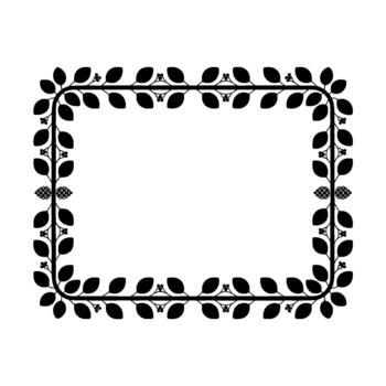 A clean and elegant silhouette of a rectangular floral border featuring stylized leaves and small berries with decorative pinecone elements at each corner vector
