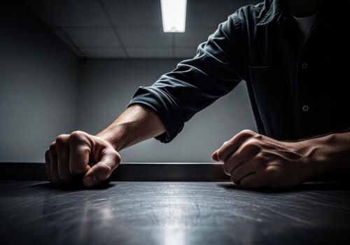 Close-up of Man's Clenched Fists on a Dark Table Under Overhead Light photo