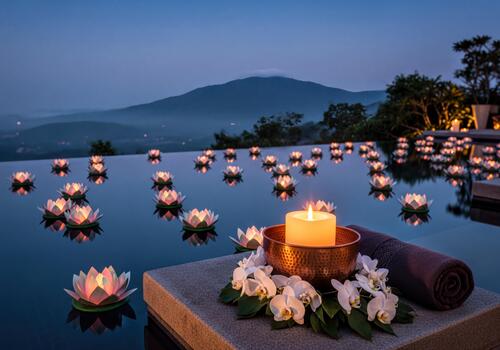 Serene Infinity Pool with Floating Lotus Candles and Mountains at Twilight Spa Experience photo