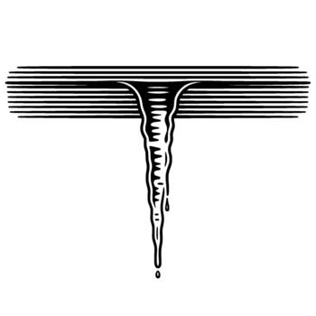 Stylized monochrome linocut illustration of a melting icicle dripping a water droplet suspended from a flat horizontal bar composed of parallel lines vector