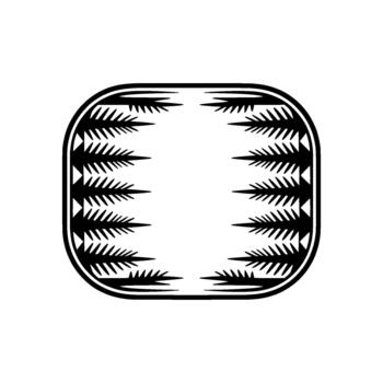 un moderno minimalista silueta presentando filas de estilizado hojas perennes árbol ramas formando un resumen simétrico frontera dentro un redondeado rectangular marco vector