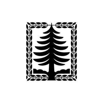 un estilizado silueta de un pino árbol dentro un decorativo rectangular marco presentando hoja motivos y un en capas gris nublado antecedentes para un minimalista y naturalista estético vector