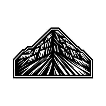 un estilizado ilustración de un cónico montaña pico con agudo angular líneas y profundo sombra detallado vector