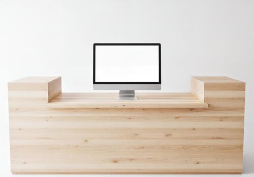 Modern Wooden Reception Desk with Blank White Computer Monitor Mockup Display photo