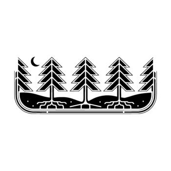 Minimalist geometric illustration of a stylized pine forest with visible root systems beneath a crescent moon vector