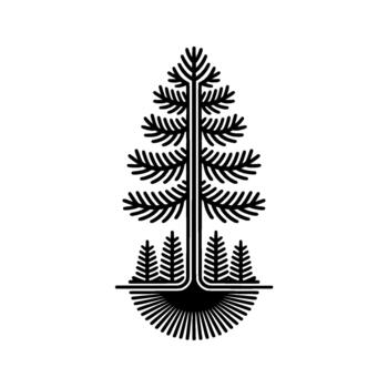 Stylized illustration of a coniferous evergreen tree with radiating roots and smaller saplings isolated vector