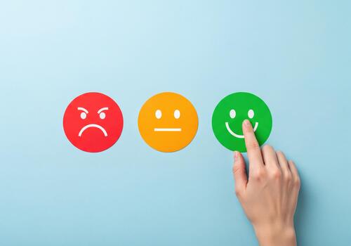 Hand Pressing Green Happy Face for Excellent Customer Satisfaction Rating and Service Feedback photo