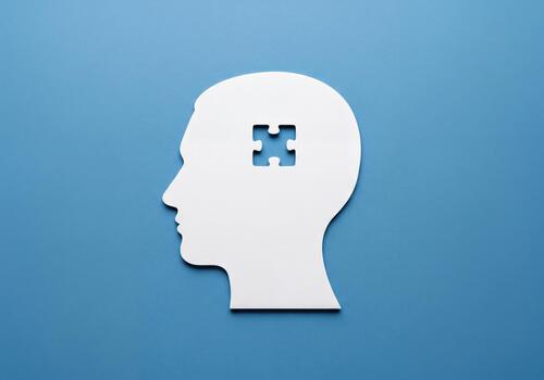 Abstract Concept of Thinking and Problem Solving with Head Silhouette and Missing Puzzle Piece photo