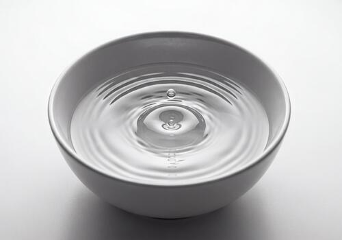 Dynamic moment of a water drop impacting a still surface in a bowl, creating ripples photo