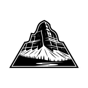 Stylized emblem of a majestic mountain peak with sharp geometric lines and a serene forest line at its base vector