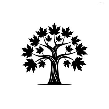 A stylized silhouette of a Canadian maple tree with multiple pointed leaves and a thick textured trunk is depicted vector