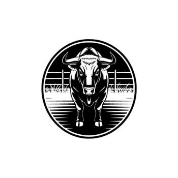 A powerful monochrome circular emblem featuring a front facing bull with impressive horns and a muscular physique standing behind a stylized fence and grass motif vector