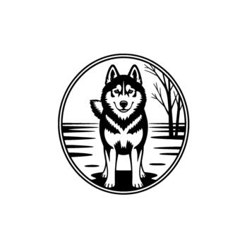 A bold illustration of a friendly husky dog standing in a snowy landscape within a circular frame featuring bare trees and horizontal snow lines vector