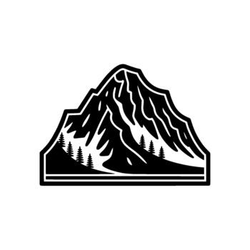 Stylized silhouette of a majestic mountain peak with detailed rocky texture and a cluster of pine trees in the foreground set within a stylized badge frame vector