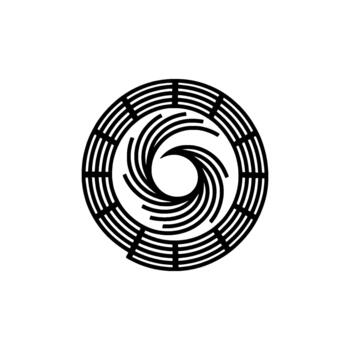A minimalist illustration of a spiral vortex contained within a circular segmented border creating a sense of dynamic motion vector