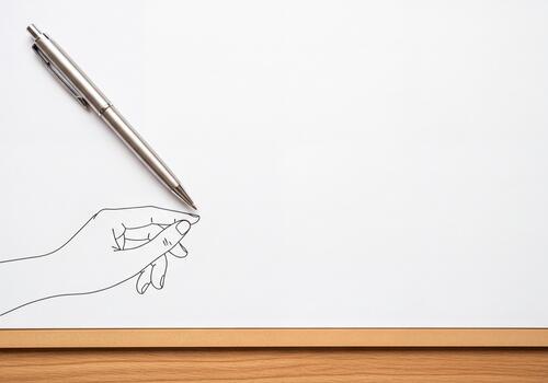 Silver Pen and Hand Outline Drawing on Blank White Paper for Creative Message photo