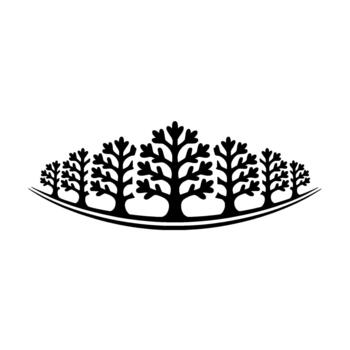 Stylized minimalist silhouette illustration of a diverse group of trees arranged in a symmetrical crescent shape vector