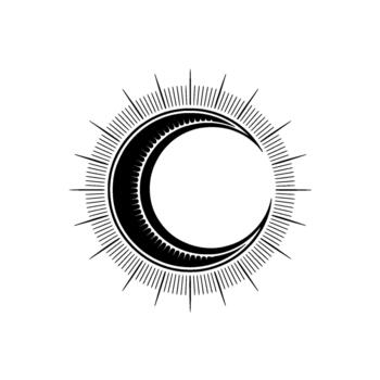 A striking illustration of a crescent moon with intricate celestial rays emanating outwards creating a sunburst effect vector