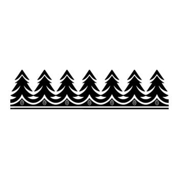 A seamless border featuring a repeating pattern of stylized evergreen trees with pine cones interspersed between wavy lines vector