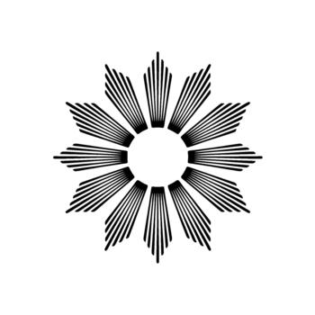 A minimalist abstract emblem representing a stylized sunburst or starburst radiating from a central circular void vector