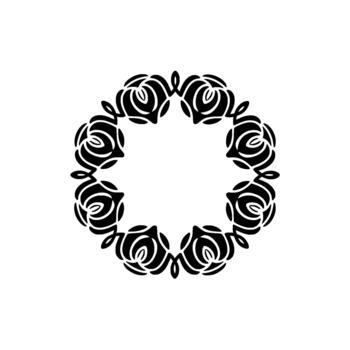 A meticulously designed silhouette frame composed of stylized rose motifs arranged in a circular pattern vector