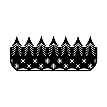 A repeating pattern silhouette border featuring stylized evergreen trees above a row of intricate snowflakes isolated vector