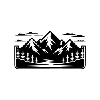 Stylized illustration of a majestic mountain range with jagged peaks alongside a winding river and sparse evergreen trees under a cloudy sky presented within a rounded rectangular frame vector