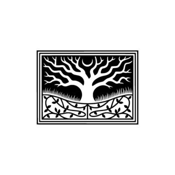Stylized of a flourishing tree with crescent moon above and intricate vine border below representing life and nature within a framed composition vector