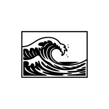 A bold line art illustration of a powerful crashing ocean wave rendered in a minimalist style within a rectangular frame vector