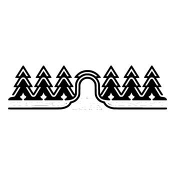 Stylized of a symmetrical winter landscape featuring an arched gateway leading to a patterned pathway surrounded by stylized evergreen trees and subtle snow drifts vector