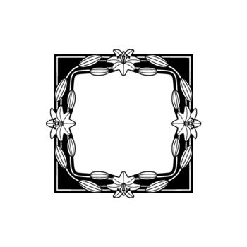 Elegant line art floral frame featuring stylized lilies and buds arranged symmetrically around a square inner space vector