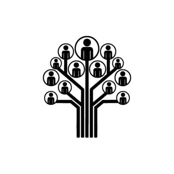 A striking representation of a stylized human family tree or organizational chart composed of interconnected stick figure icons within circles signifying a network of individuals and relations vector