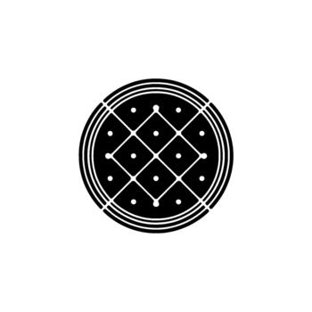 A minimalist geometric symbol featuring a circular with concentric rings and an internal grid pattern of squares and dots vector