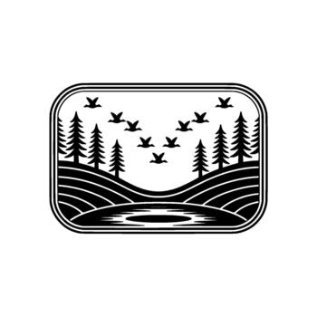 Minimalist illustration of a serene landscape featuring a flock of birds in flight above rolling hills a calm lake and stylized pine trees within a rounded rectangle border vector