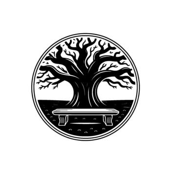 A stylized circular emblem featuring a solitary bare tree with sprawling branches set behind a rustic wooden bench in a simple landscape with tiny floral embellishments vector