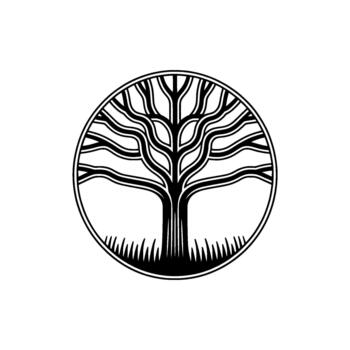 Stylized line art of a bare branched tree within a circle atop a stylized grass element vector