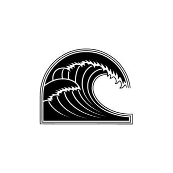 estilizado ilustración de un poderoso estrellarse Oceano ola con agudo espuma crestas contenido dentro un decorativo arco marco vector