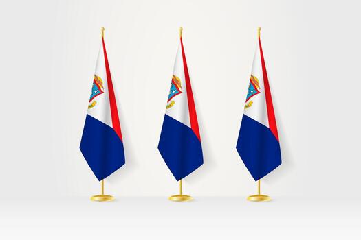 Three Sint Maarten flags in a row on a golden stand, illustration of press conference and other meetings. vector
