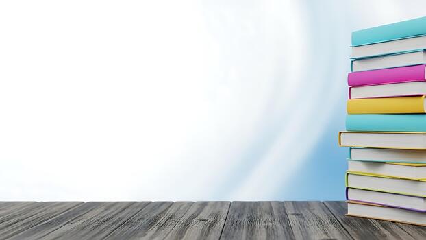 Stack of colorful books on a rustic wooden table with a soft blue background photo