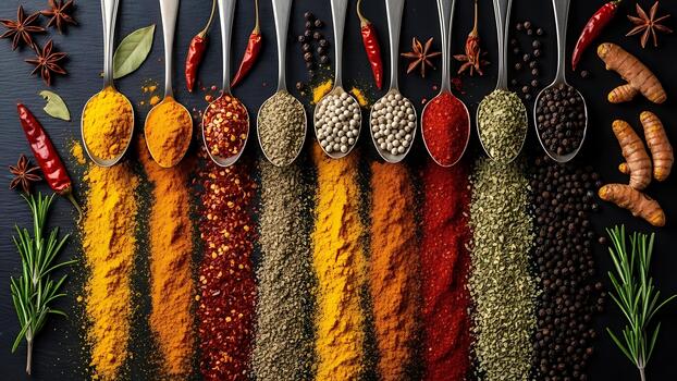 Colorful array of aromatic spices and herbs in spoons on a slate background photo